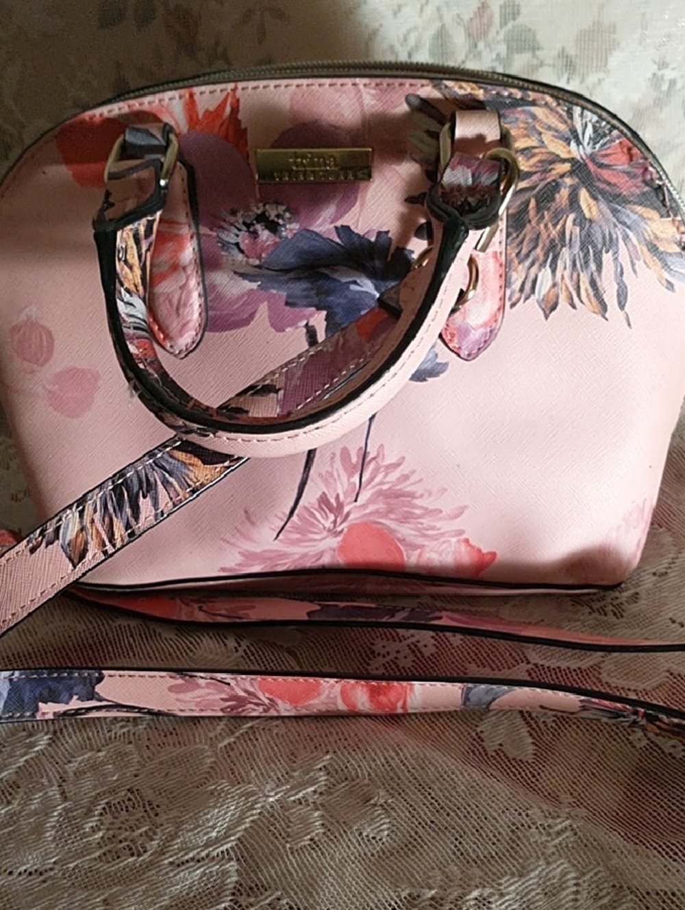 NWOT Trina Turk Floral Pink Dome Pebbled Canvas Satchel Handbag & Crossbody